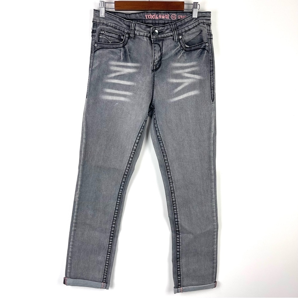 Rebel & Soul Grey Straight Leg Jeans Bling Pockets Grunge Punk Size 12